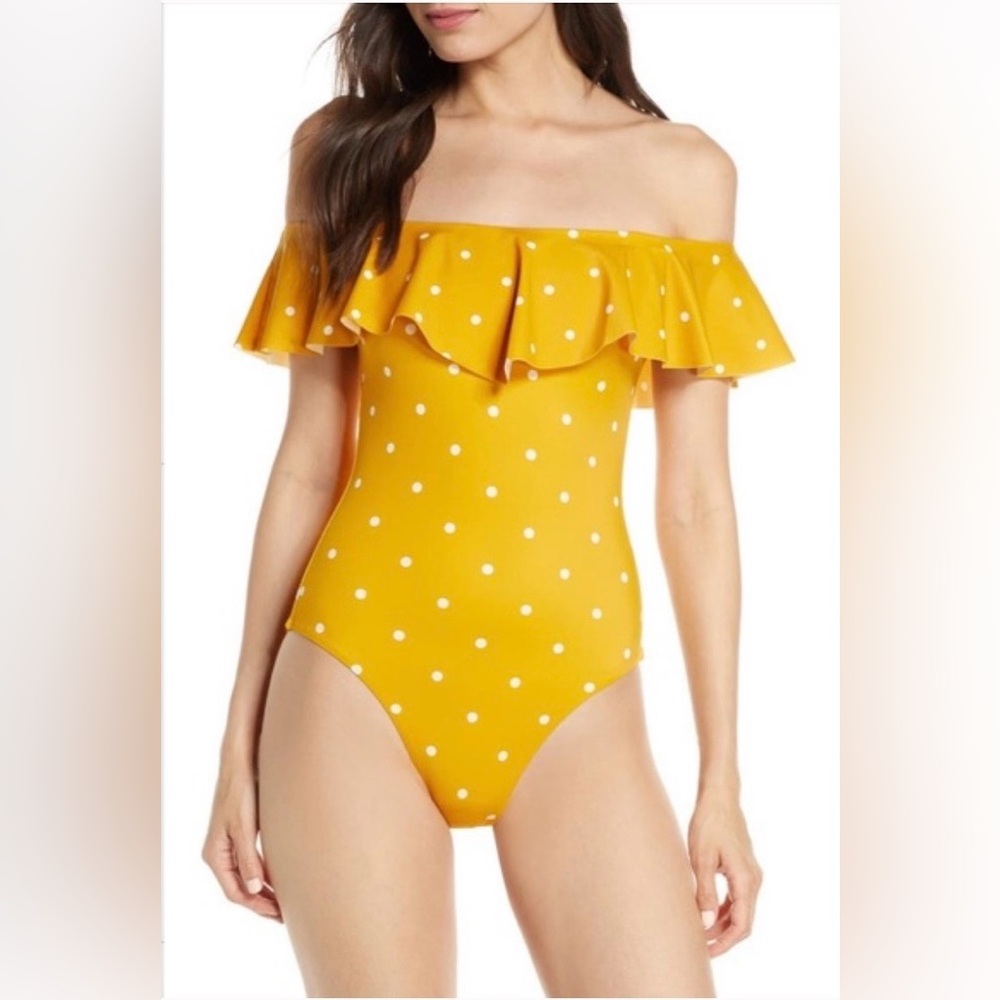 Chelsea28 Off Shoulder Ruffle Mustard White Polka Dot One-Piece Swimsuit Beach